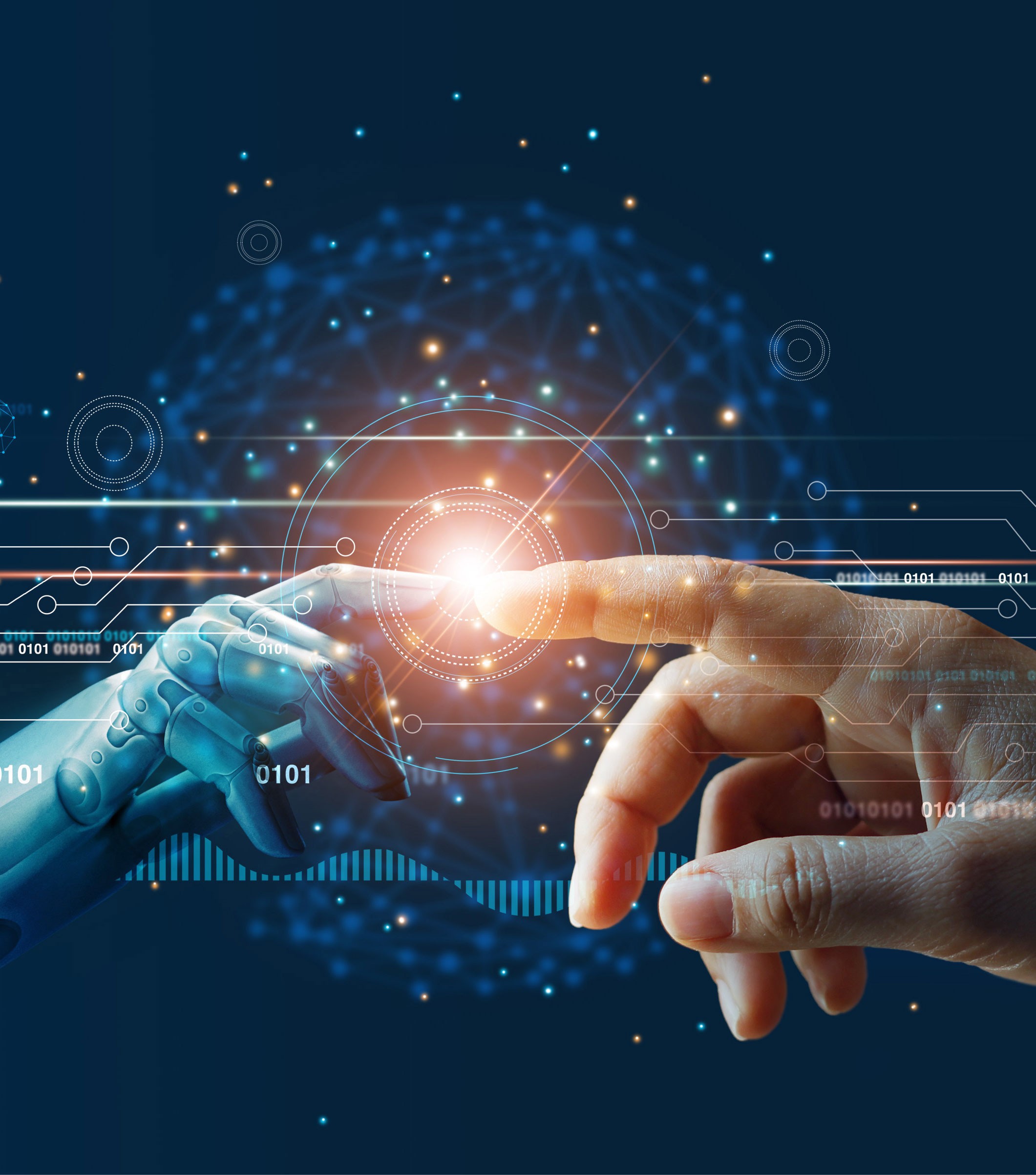 AI and Human Connection image of a robot hand and human hand touching